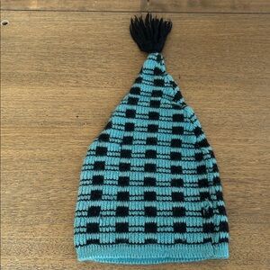 Vintage Checkered Knit Men’s Hat - Black and Teal. 100% Wool. Made in Austria.